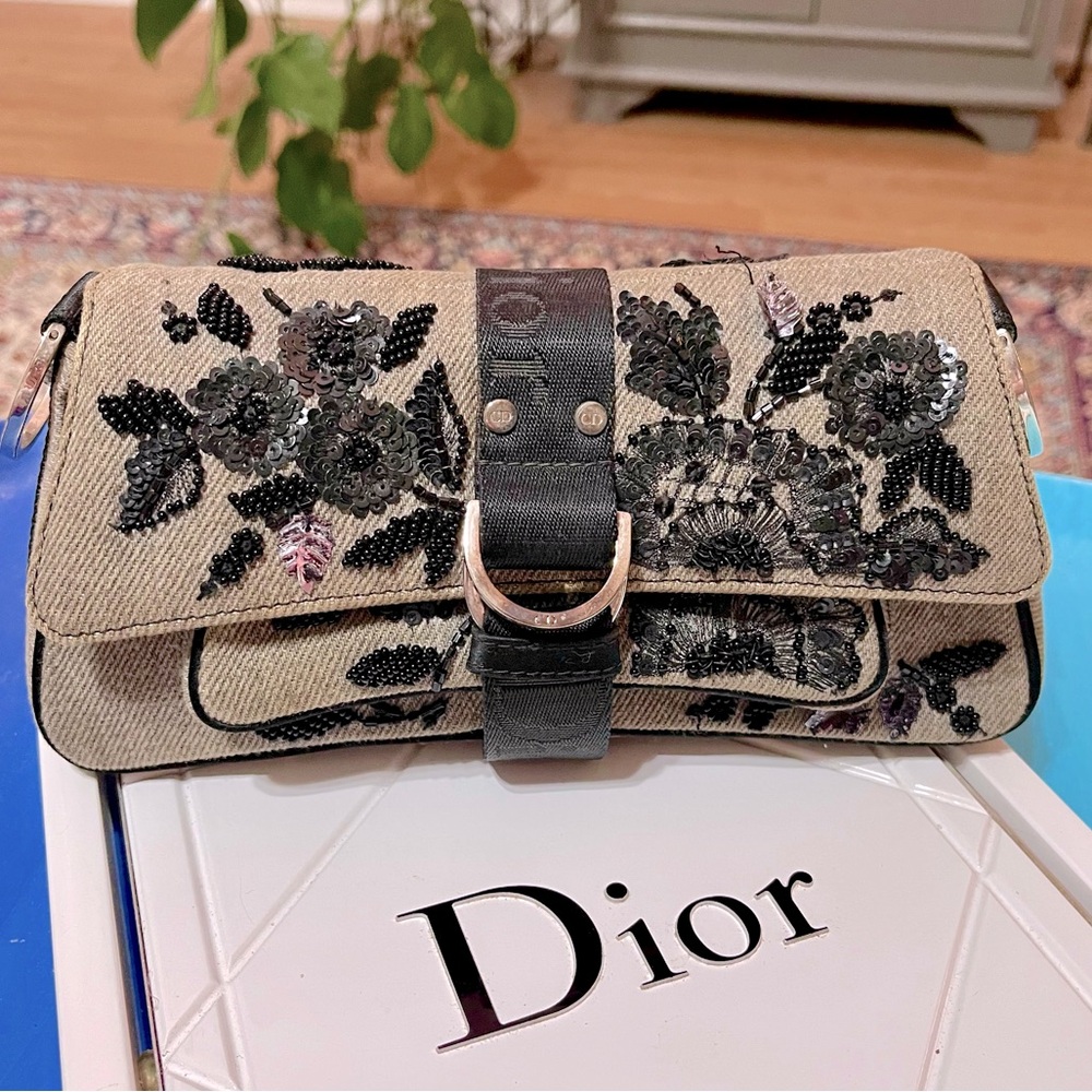Dior Limited Edition Gray Denim & Black Beaded Floral Hardcore Bag